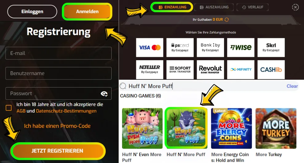 Spielsuche und Registrierung